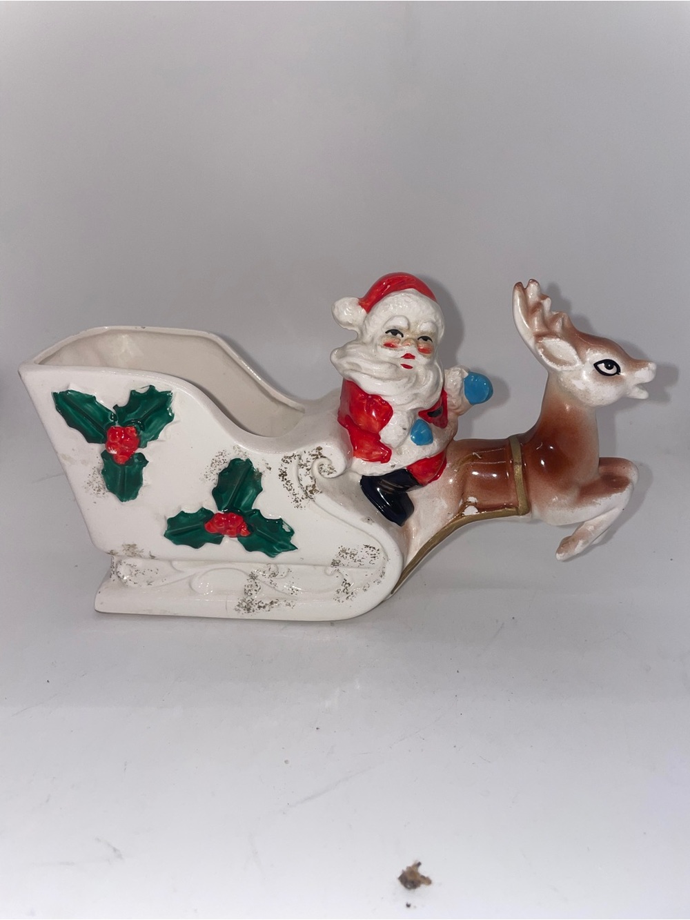 Vintage Japan Santa Sleigh Reindeer Ceramic Planter MCM